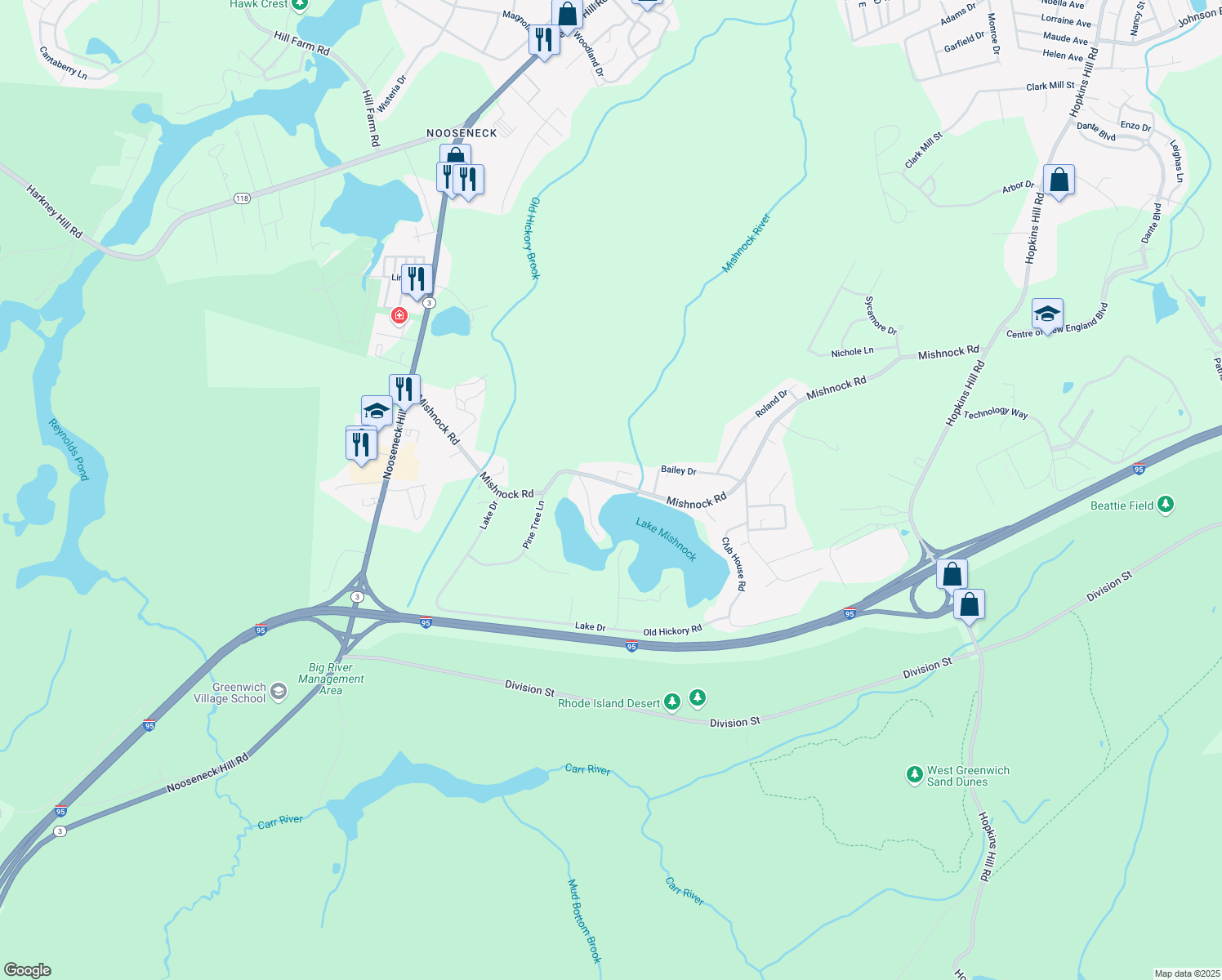 map of restaurants, bars, coffee shops, grocery stores, and more near 260B Mishnock Rd in West Greenwich