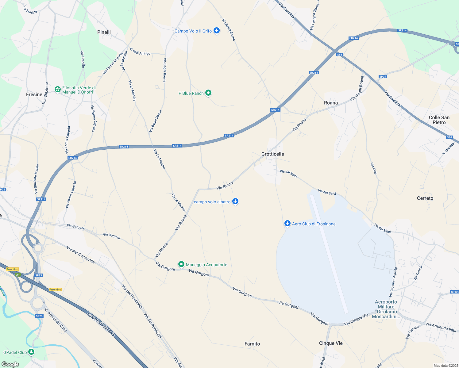 map of restaurants, bars, coffee shops, grocery stores, and more near Unnamed Road in Frosinone