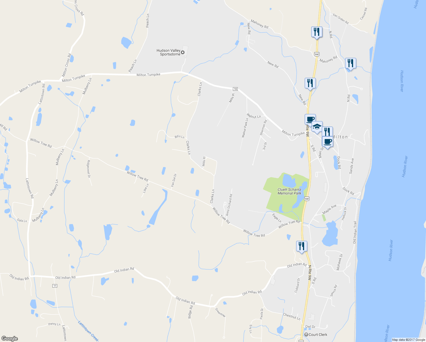 map of restaurants, bars, coffee shops, grocery stores, and more near 40 Clarks Lane in Milton