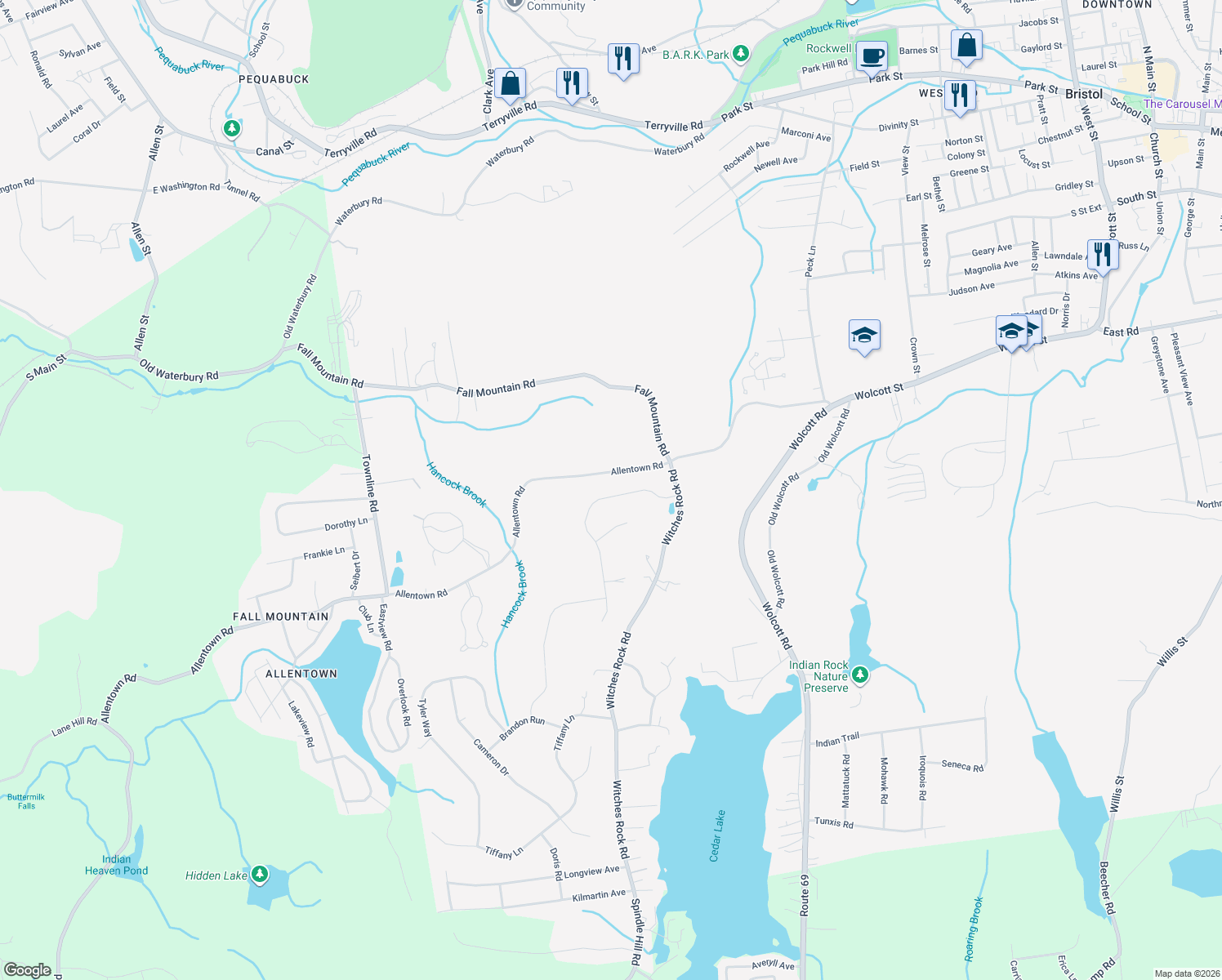 map of restaurants, bars, coffee shops, grocery stores, and more near 98 Old Orchard Road in Bristol