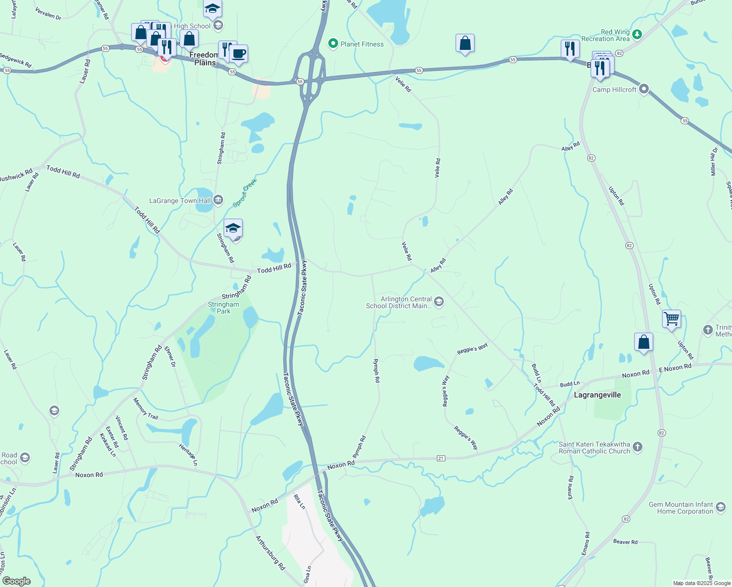 map of restaurants, bars, coffee shops, grocery stores, and more near 53 Rymph Road in Lagrangeville