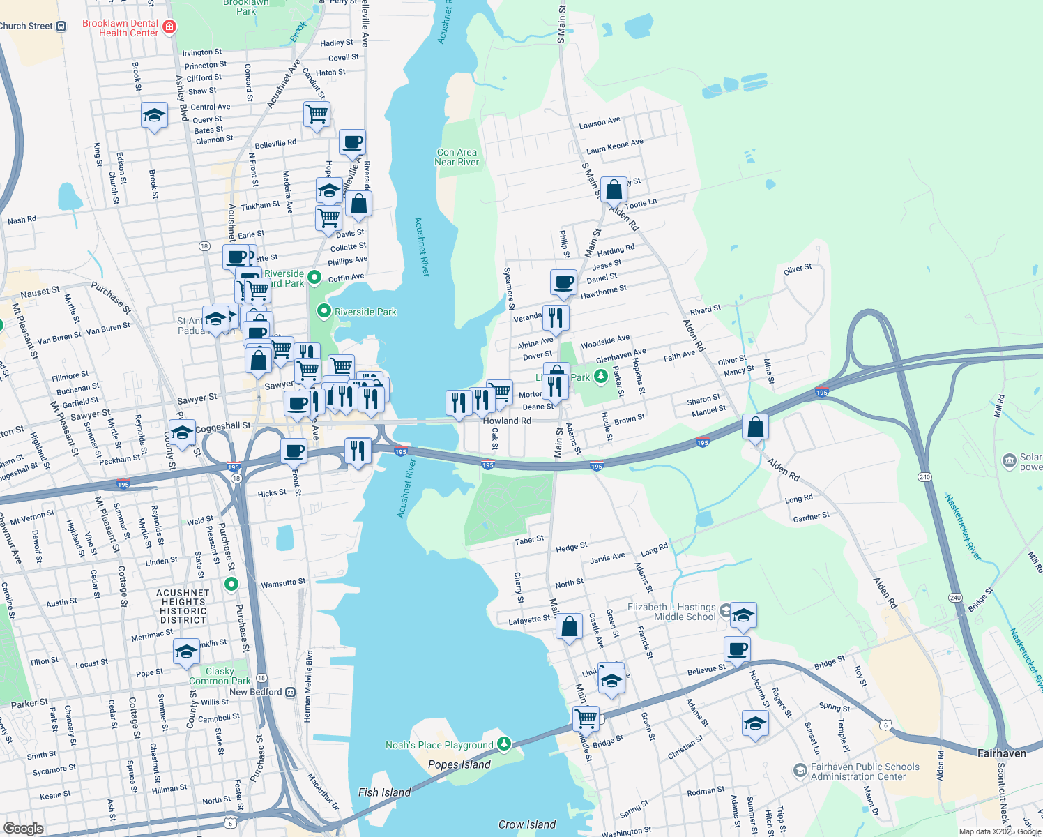 map of restaurants, bars, coffee shops, grocery stores, and more near 54 Howland Road in Fairhaven