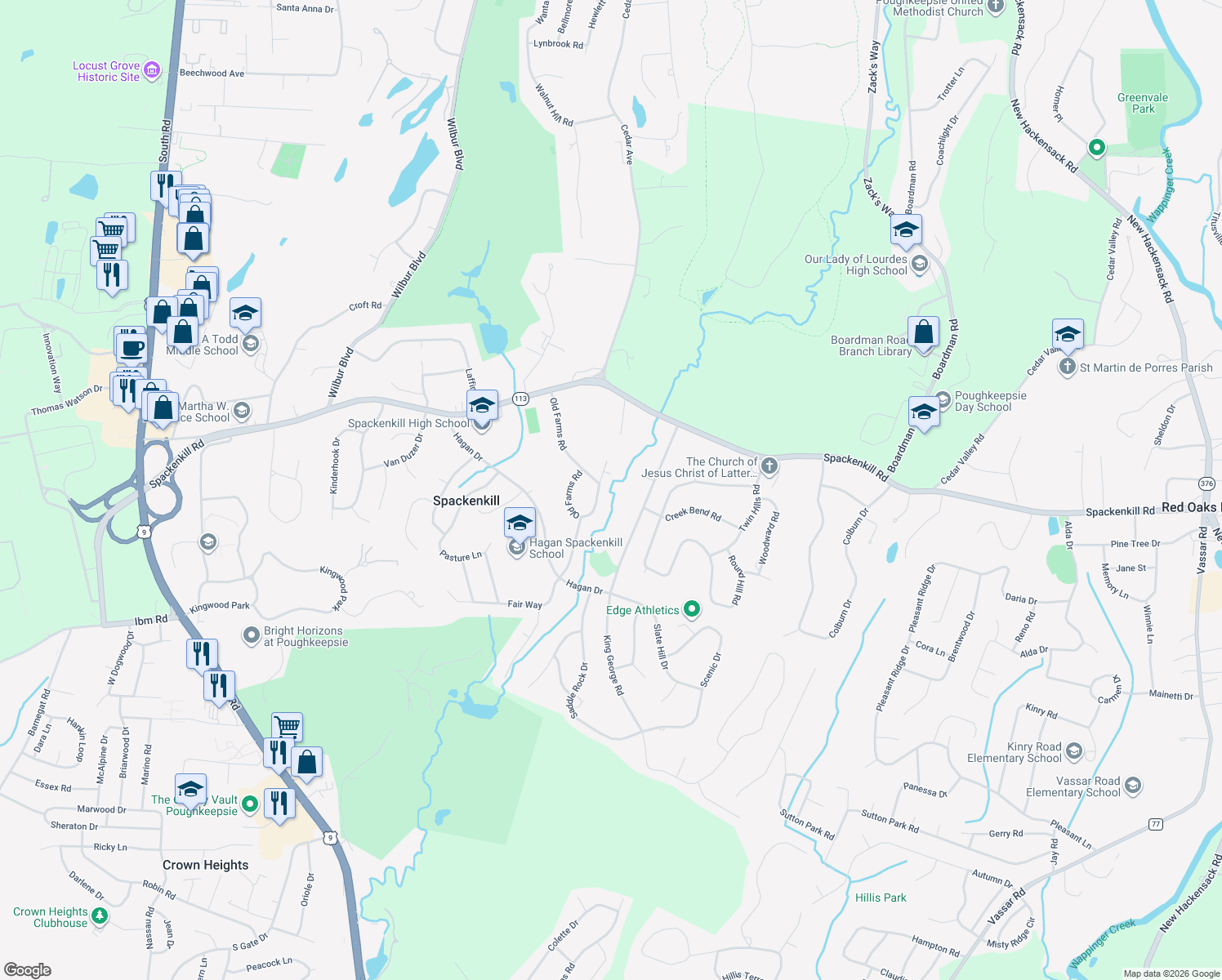 map of restaurants, bars, coffee shops, grocery stores, and more near 54 Old Farms Rd in Poughkeepsie