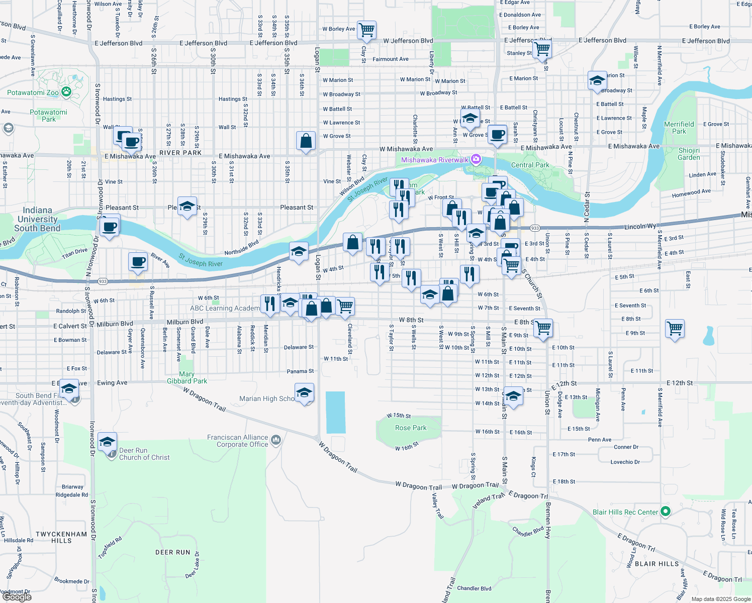 map of restaurants, bars, coffee shops, grocery stores, and more near 519 Smith Street in Mishawaka