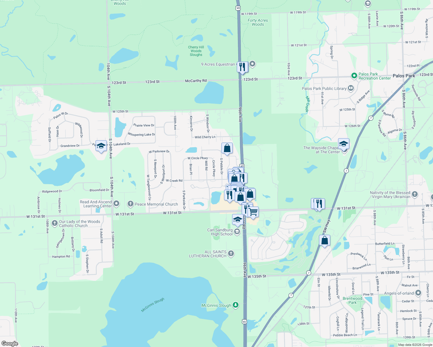 map of restaurants, bars, coffee shops, grocery stores, and more near 12857 Circle Parkway in Palos Park