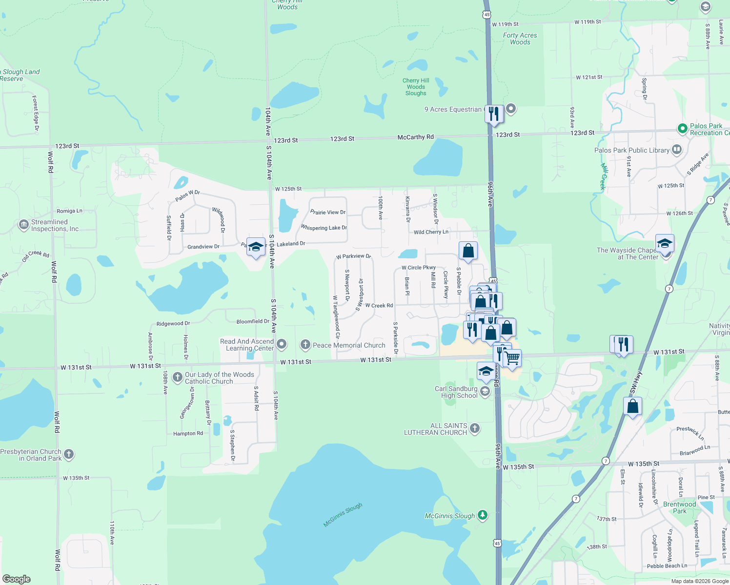map of restaurants, bars, coffee shops, grocery stores, and more near 12825 South Westport Drive in Palos Park