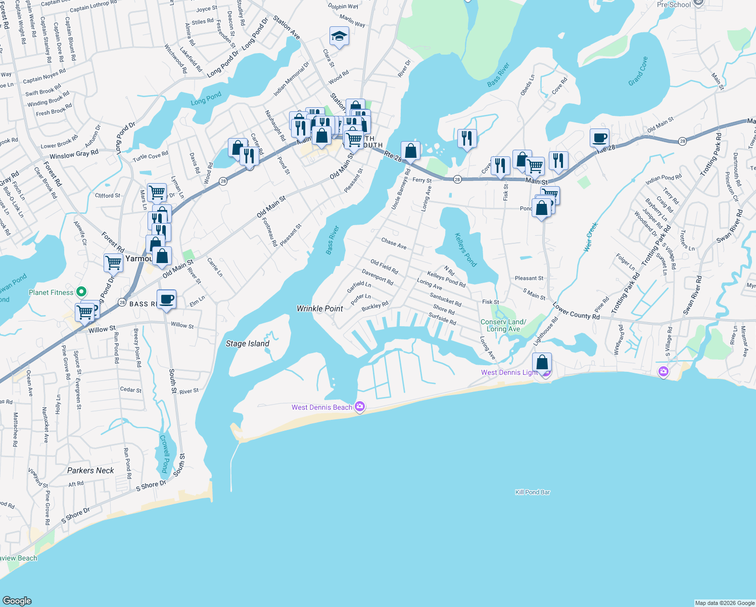 map of restaurants, bars, coffee shops, grocery stores, and more near 3 Porter Lane in Dennis