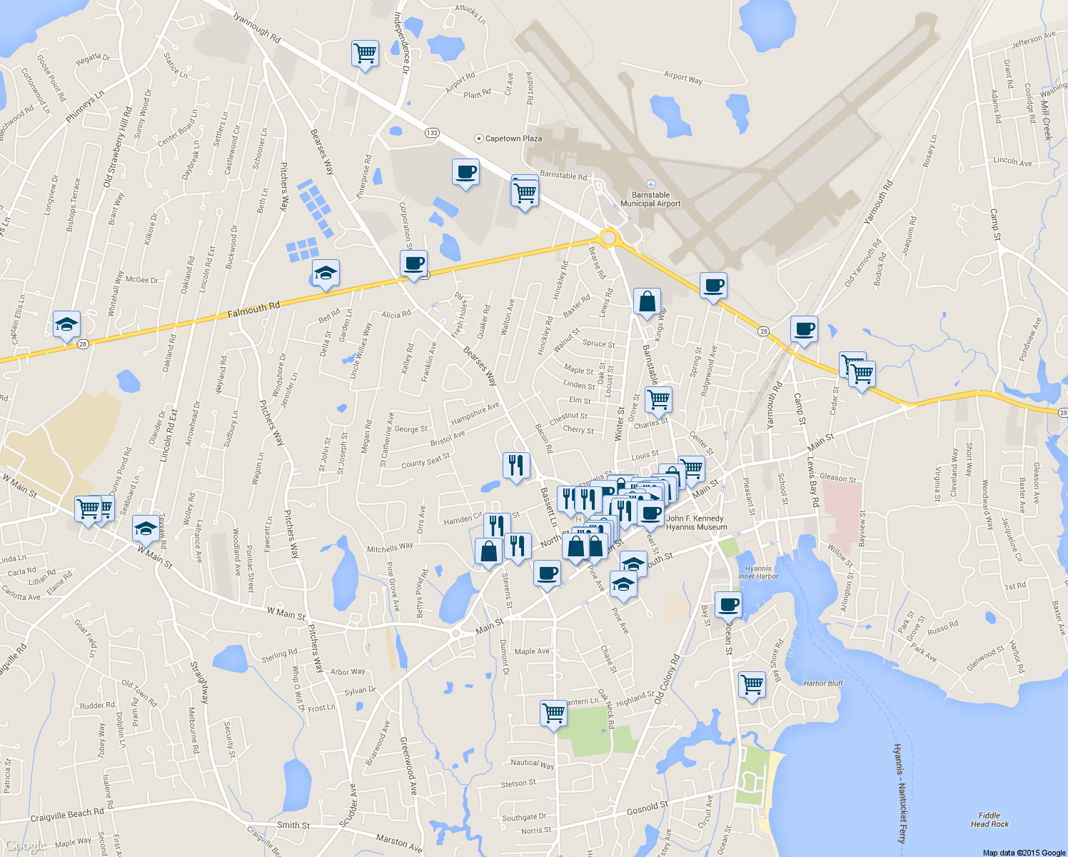 map of restaurants, bars, coffee shops, grocery stores, and more near 142 Chestnut St in Barnstable