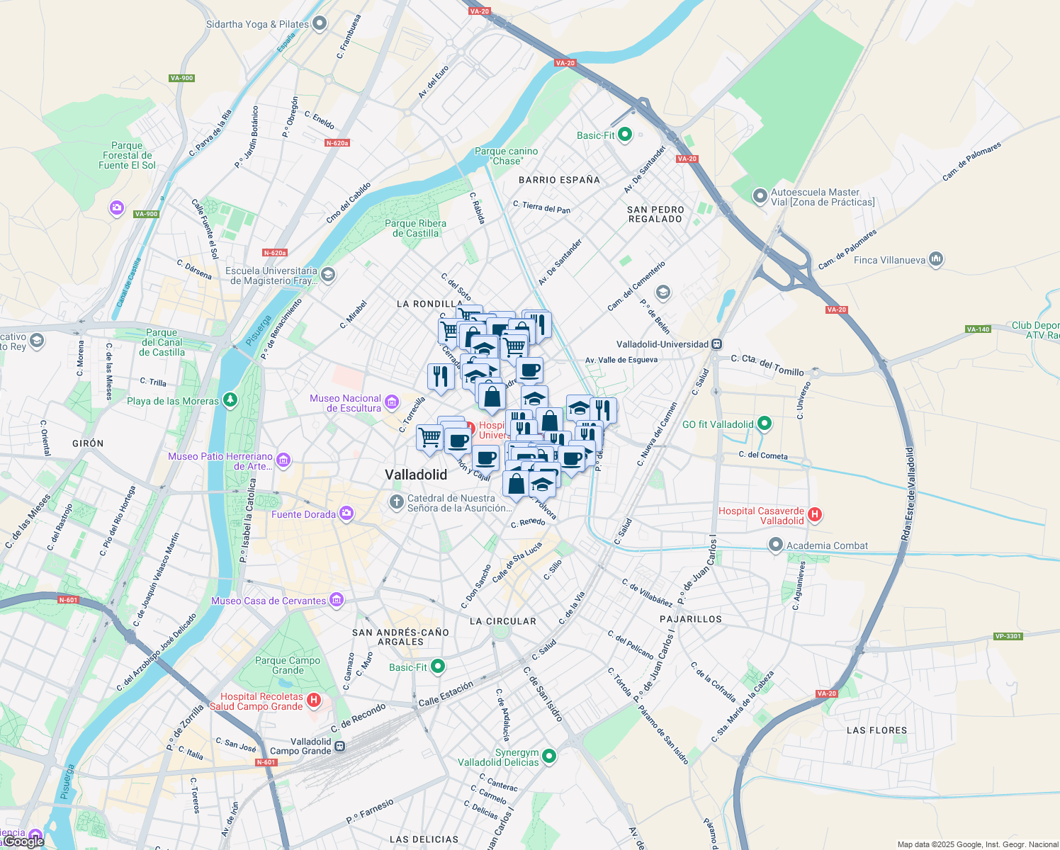 map of restaurants, bars, coffee shops, grocery stores, and more near 47 Calle Doctor Mergelina in Valladolid