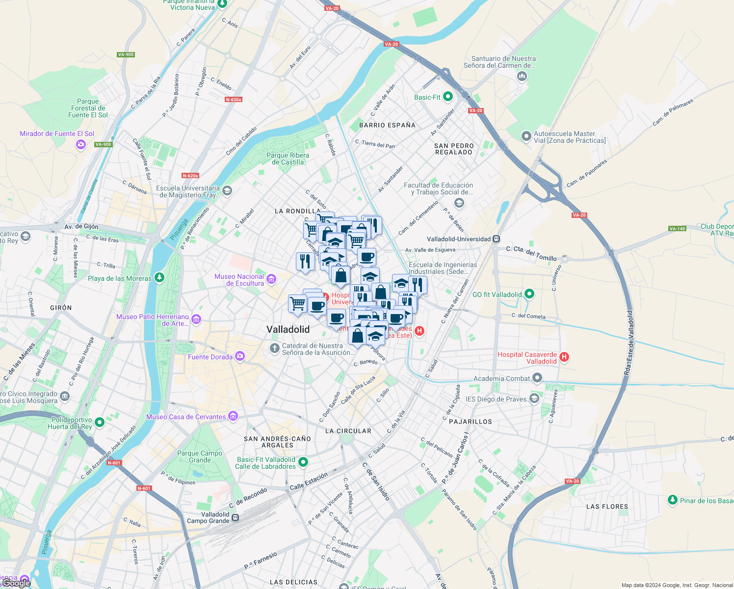 map of restaurants, bars, coffee shops, grocery stores, and more near 47 Calle Doctor Mergelina in Valladolid