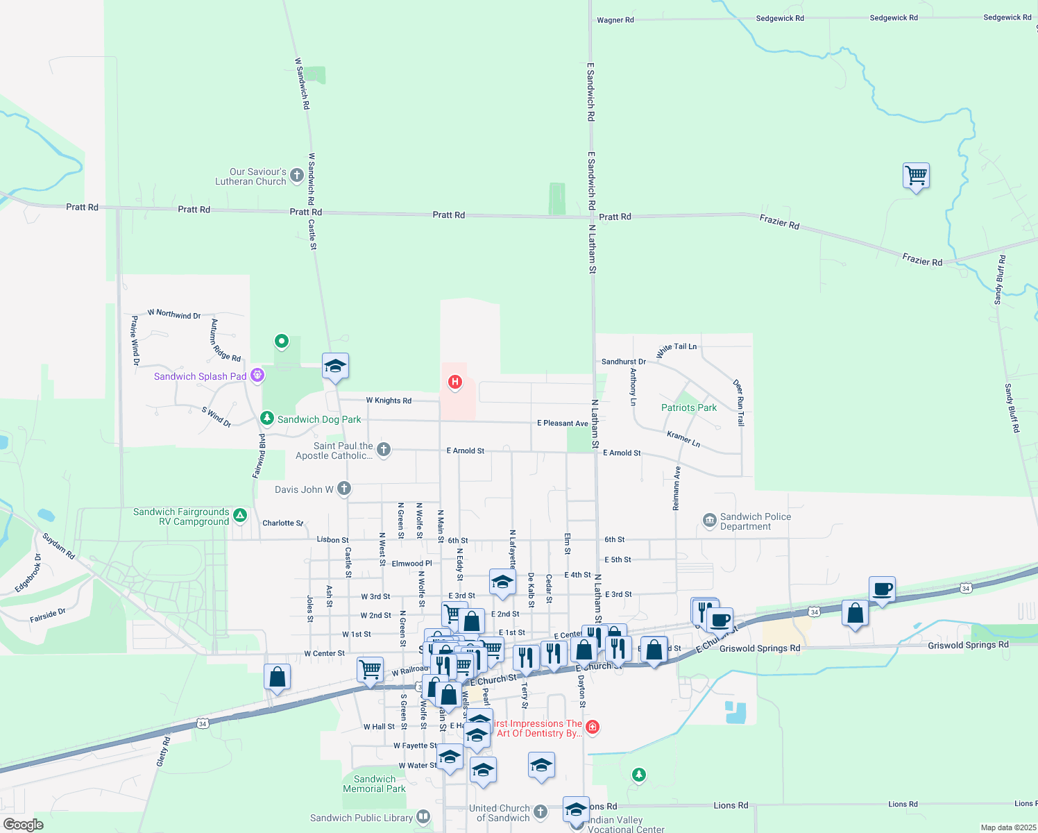 map of restaurants, bars, coffee shops, grocery stores, and more near 409 East Pleasant Avenue in Sandwich