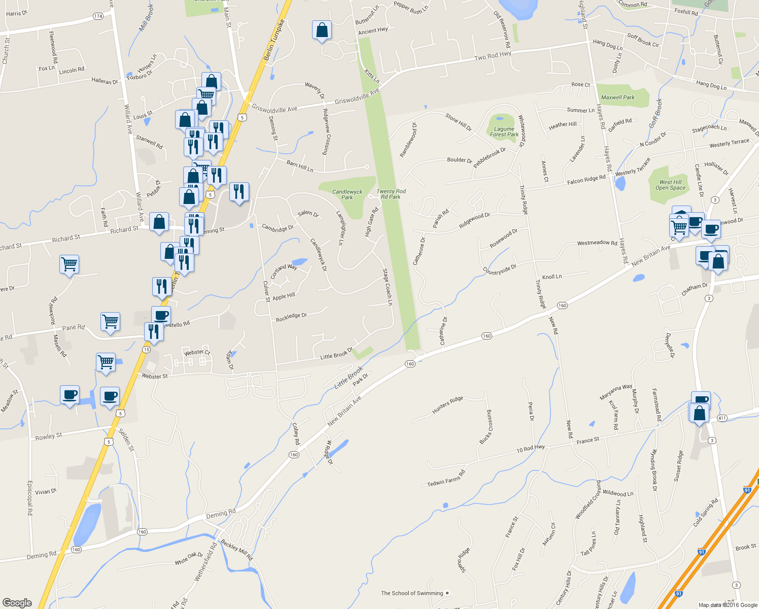 map of restaurants, bars, coffee shops, grocery stores, and more near 49 Trotter Lane in Newington