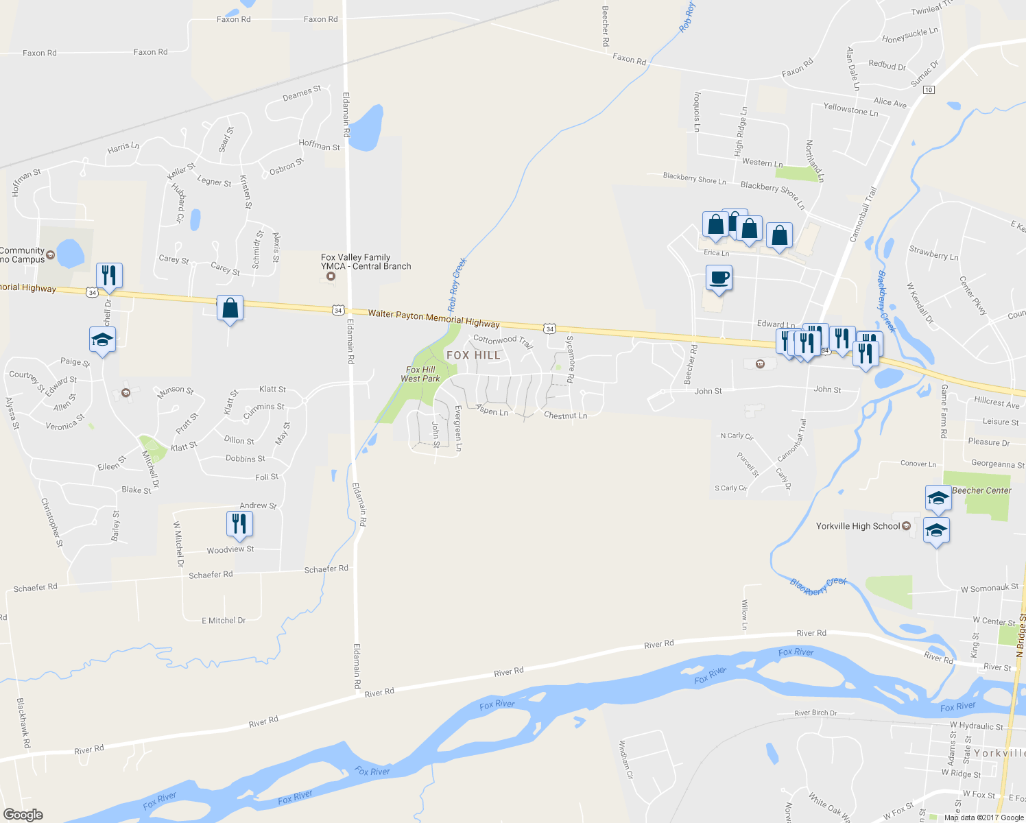 map of restaurants, bars, coffee shops, grocery stores, and more near 1418 Aspen Lane in Yorkville