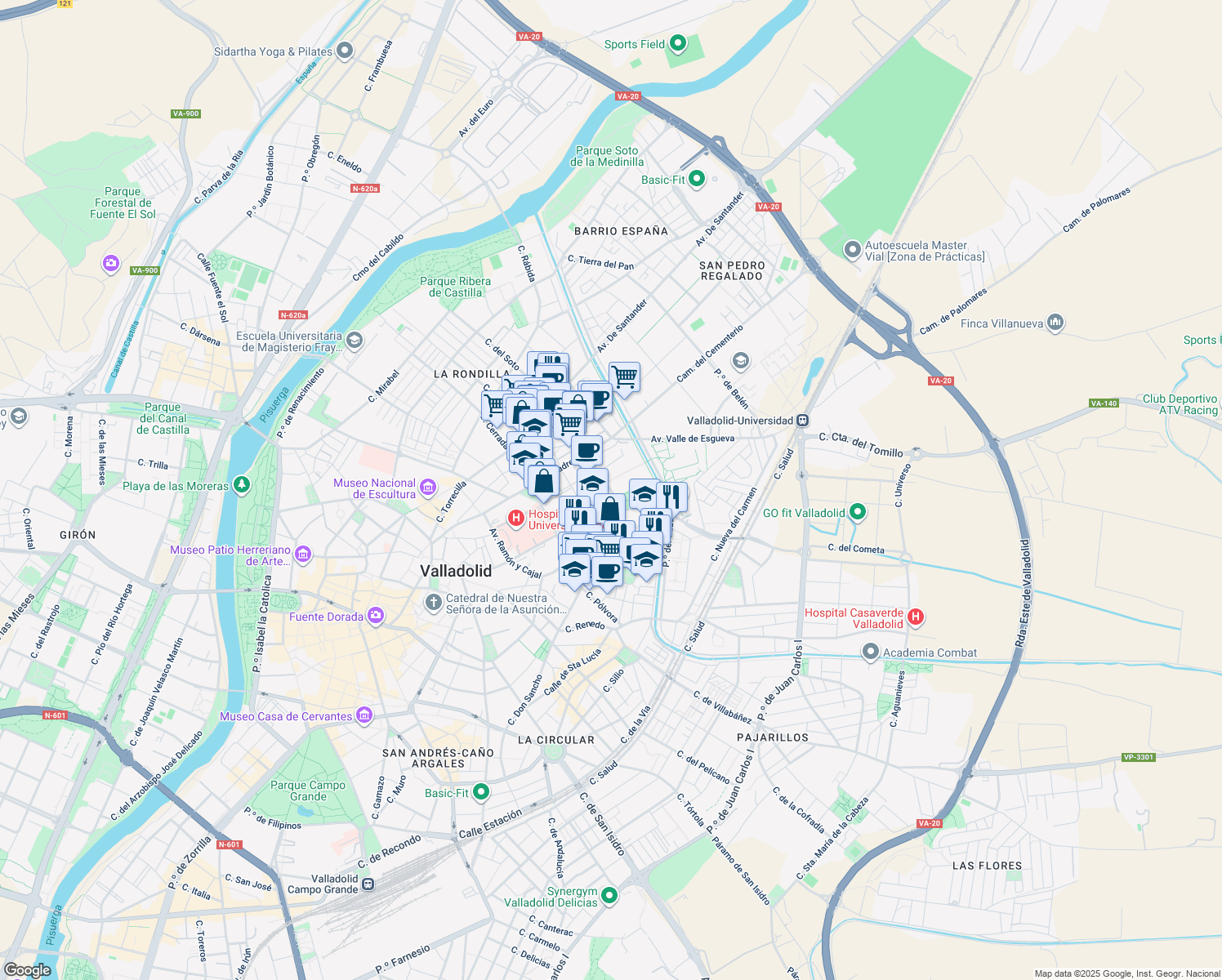 map of restaurants, bars, coffee shops, grocery stores, and more near 47 Paseo Prado de la Magdalena in Valladolid
