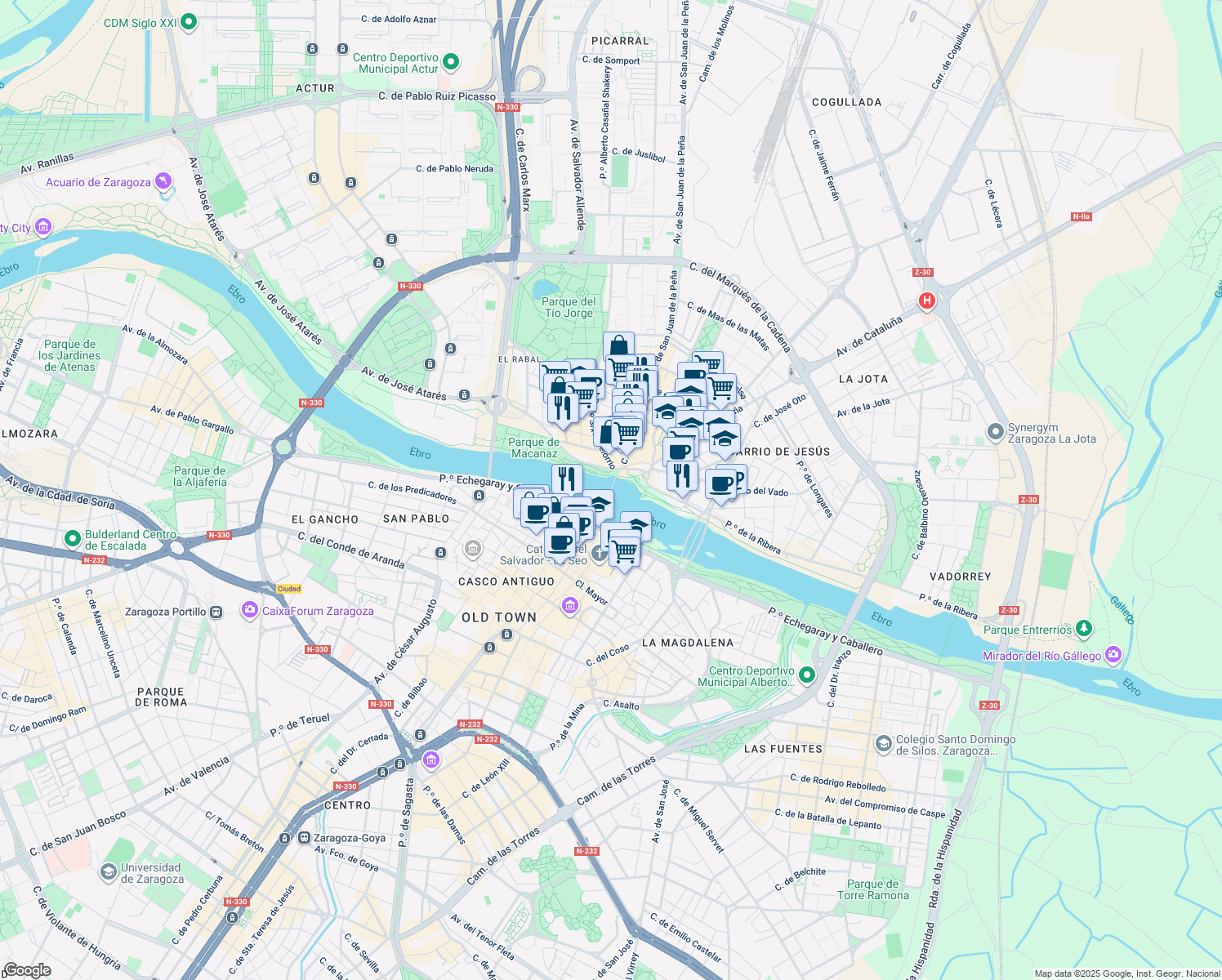 map of restaurants, bars, coffee shops, grocery stores, and more near Puente de Piedra in Zaragoza