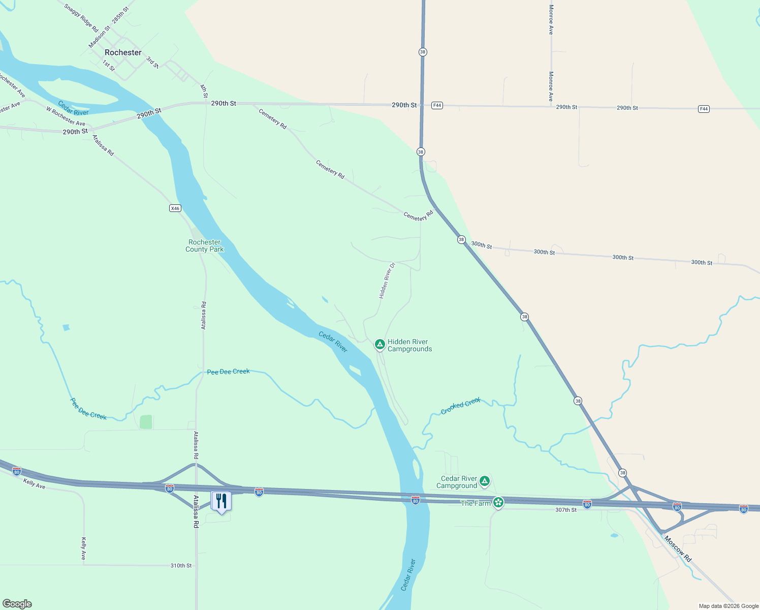 map of restaurants, bars, coffee shops, grocery stores, and more near Hidden River Drive in Tipton