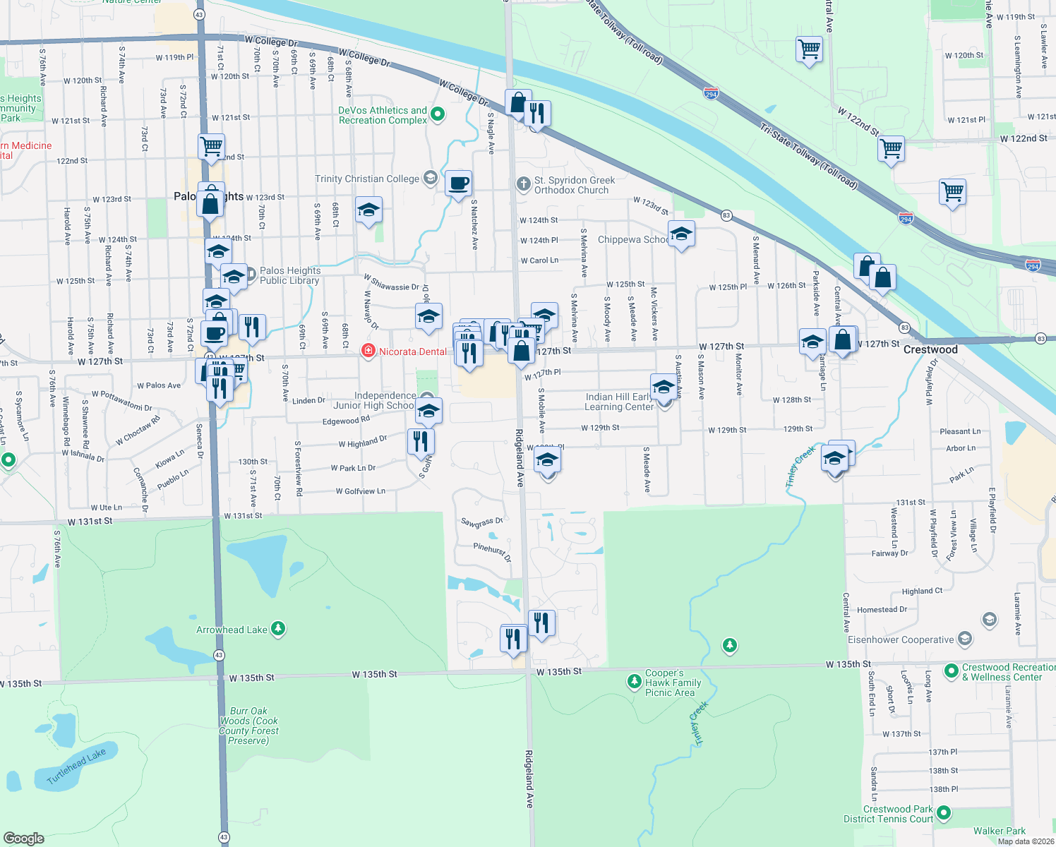 map of restaurants, bars, coffee shops, grocery stores, and more near 6351 West 128th Place in Palos Heights