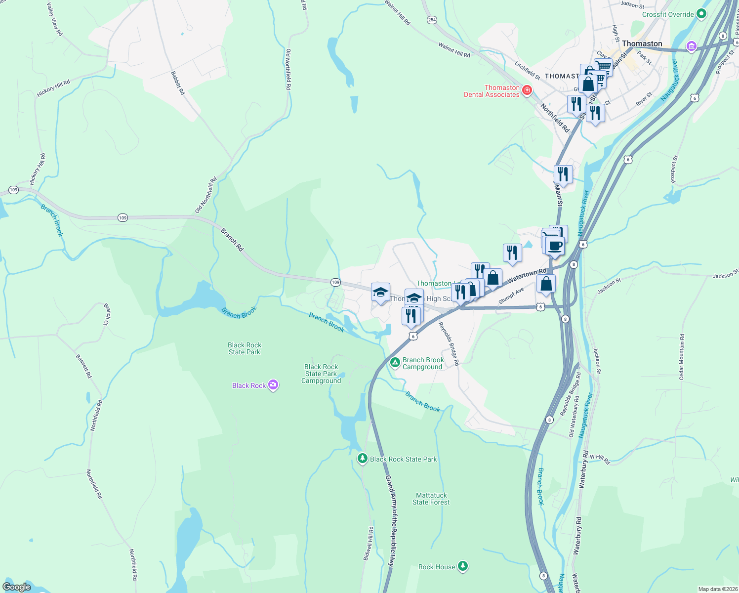 map of restaurants, bars, coffee shops, grocery stores, and more near 195 Branch Rd in Thomaston