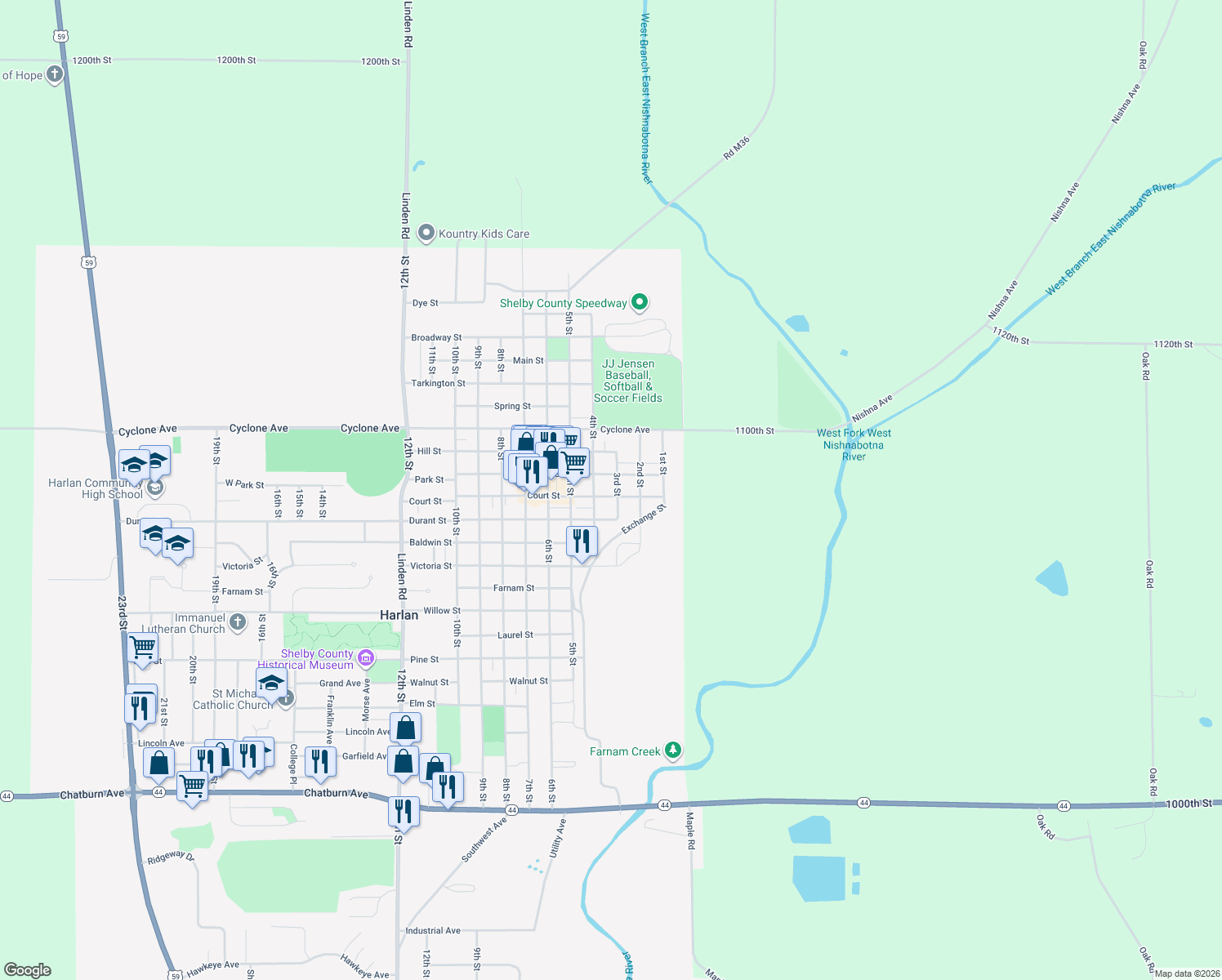 map of restaurants, bars, coffee shops, grocery stores, and more near 304 Court Street in Harlan