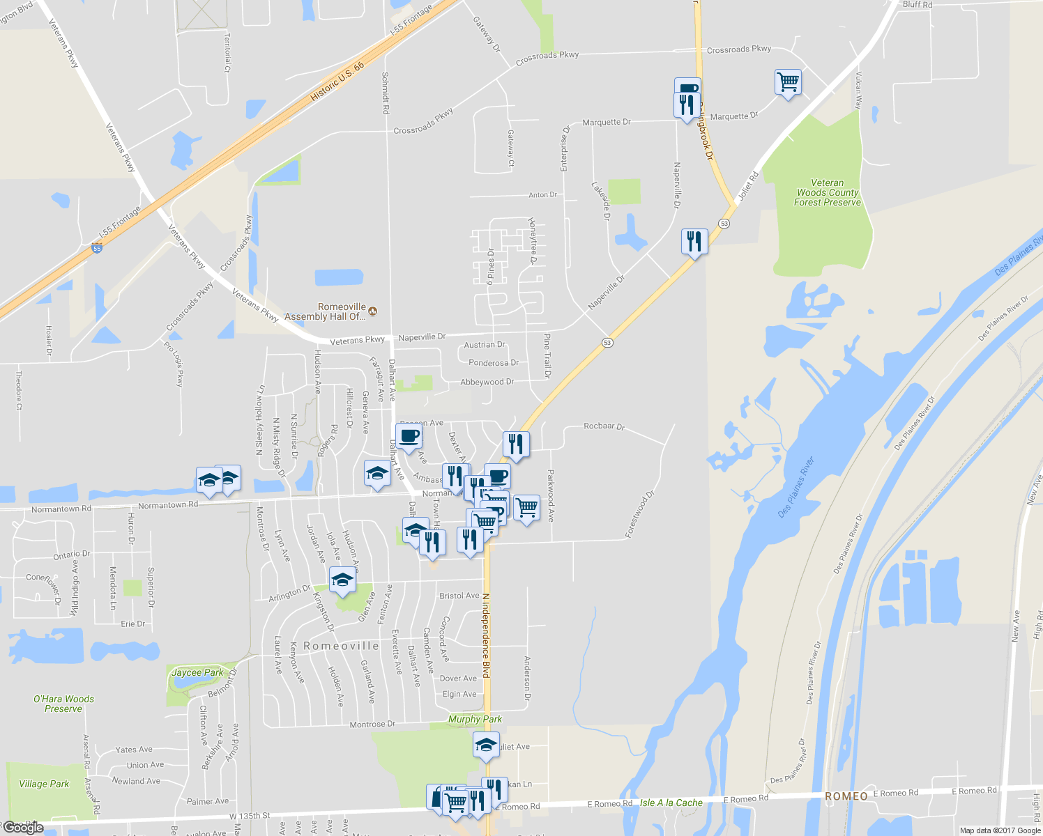 map of restaurants, bars, coffee shops, grocery stores, and more near 3 Ambassador Avenue in Romeoville