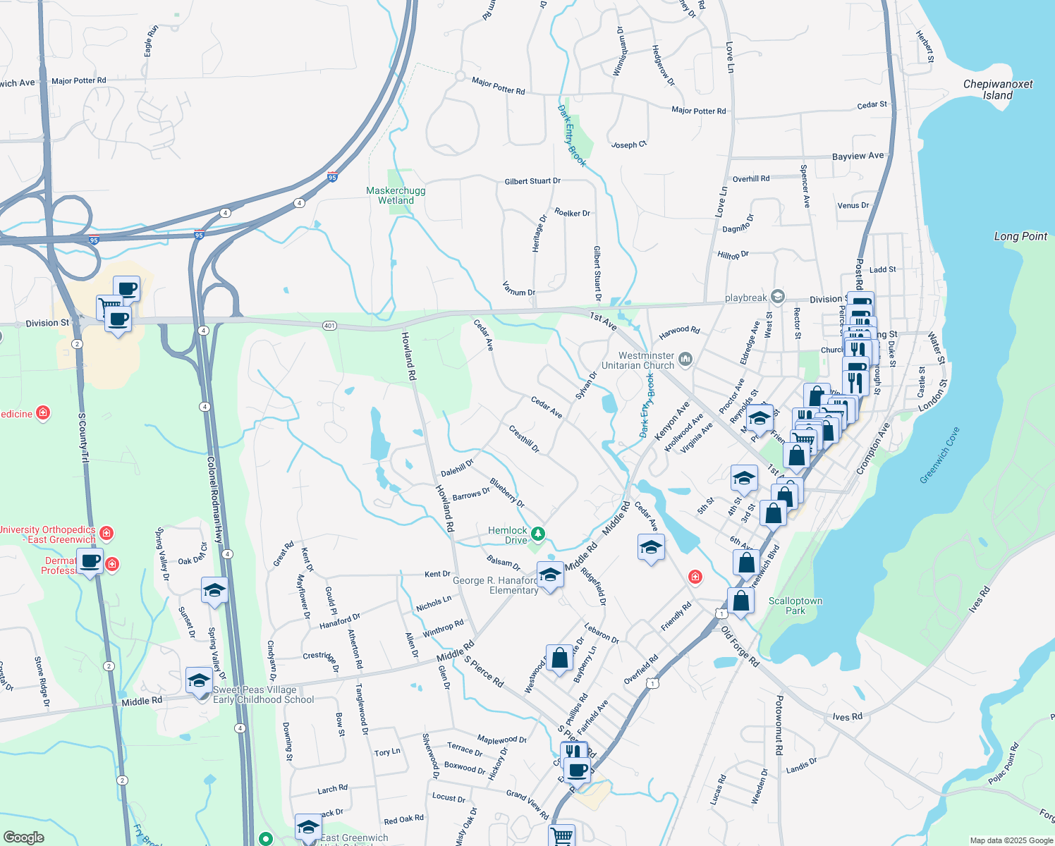 map of restaurants, bars, coffee shops, grocery stores, and more near 15 Gladridge Drive in East Greenwich