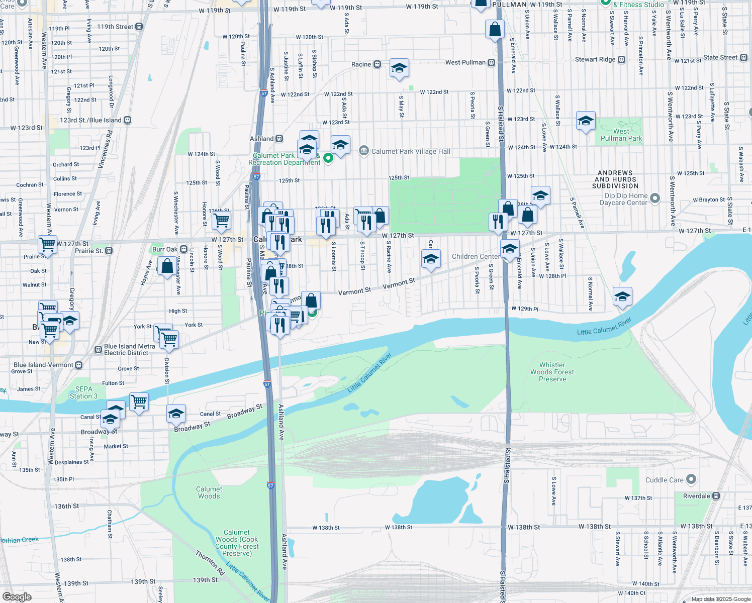 map of restaurants, bars, coffee shops, grocery stores, and more near 1233 Vermont Street in Calumet Park