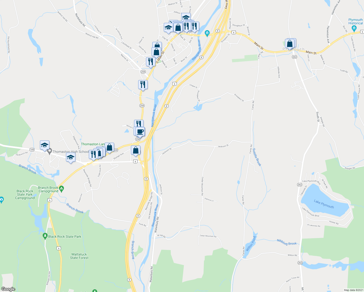 map of restaurants, bars, coffee shops, grocery stores, and more near 342 Jackson Street in Thomaston