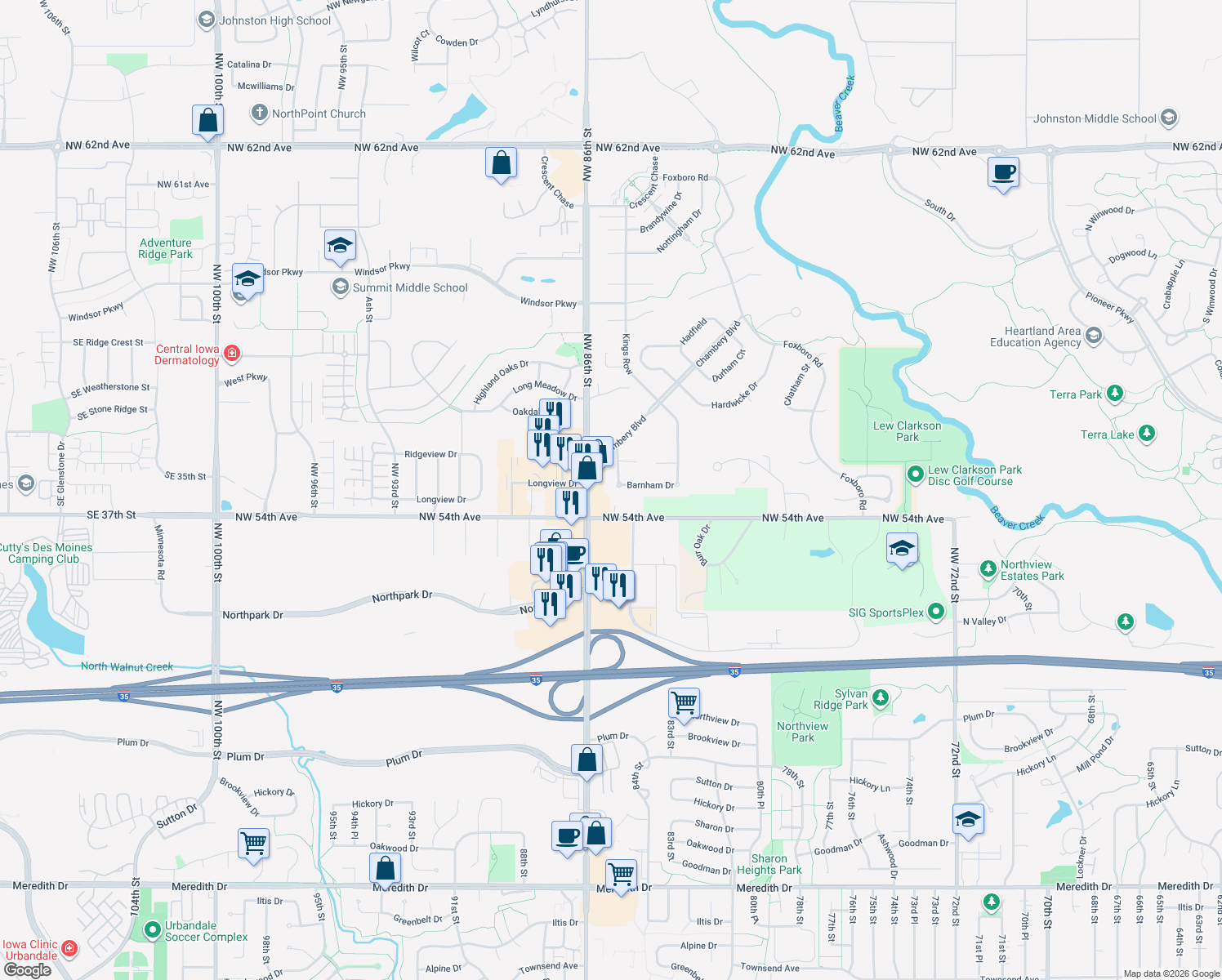 map of restaurants, bars, coffee shops, grocery stores, and more near 5444 Rosemead Street in Johnston