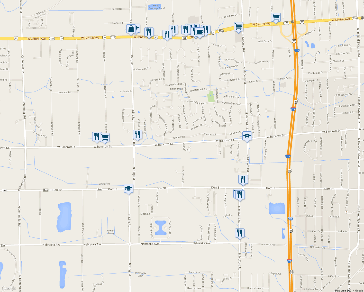 map of restaurants, bars, coffee shops, grocery stores, and more near 2129 Old Mill Road in Toledo