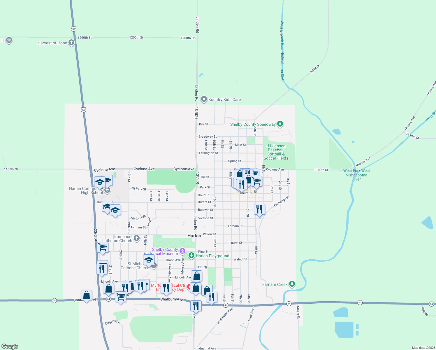 map of restaurants, bars, coffee shops, grocery stores, and more near 908 Hill Street in Harlan