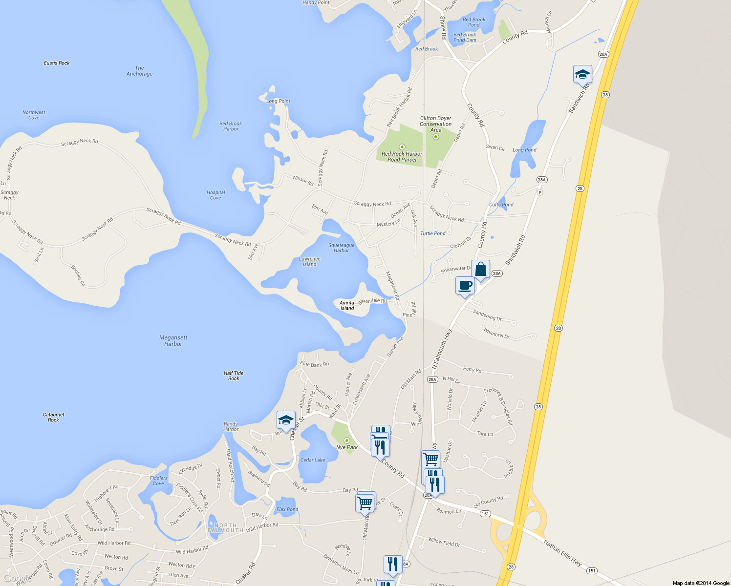 map of restaurants, bars, coffee shops, grocery stores, and more near 30 Baxendale Road in Bourne