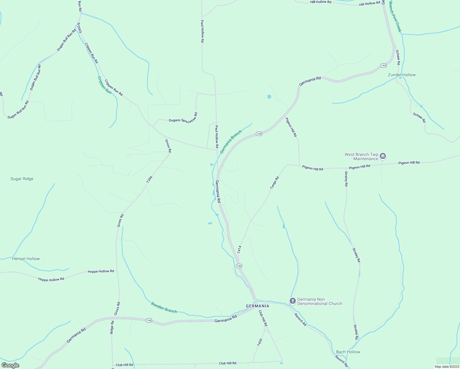 map of restaurants, bars, coffee shops, grocery stores, and more near Germania Road in Galeton