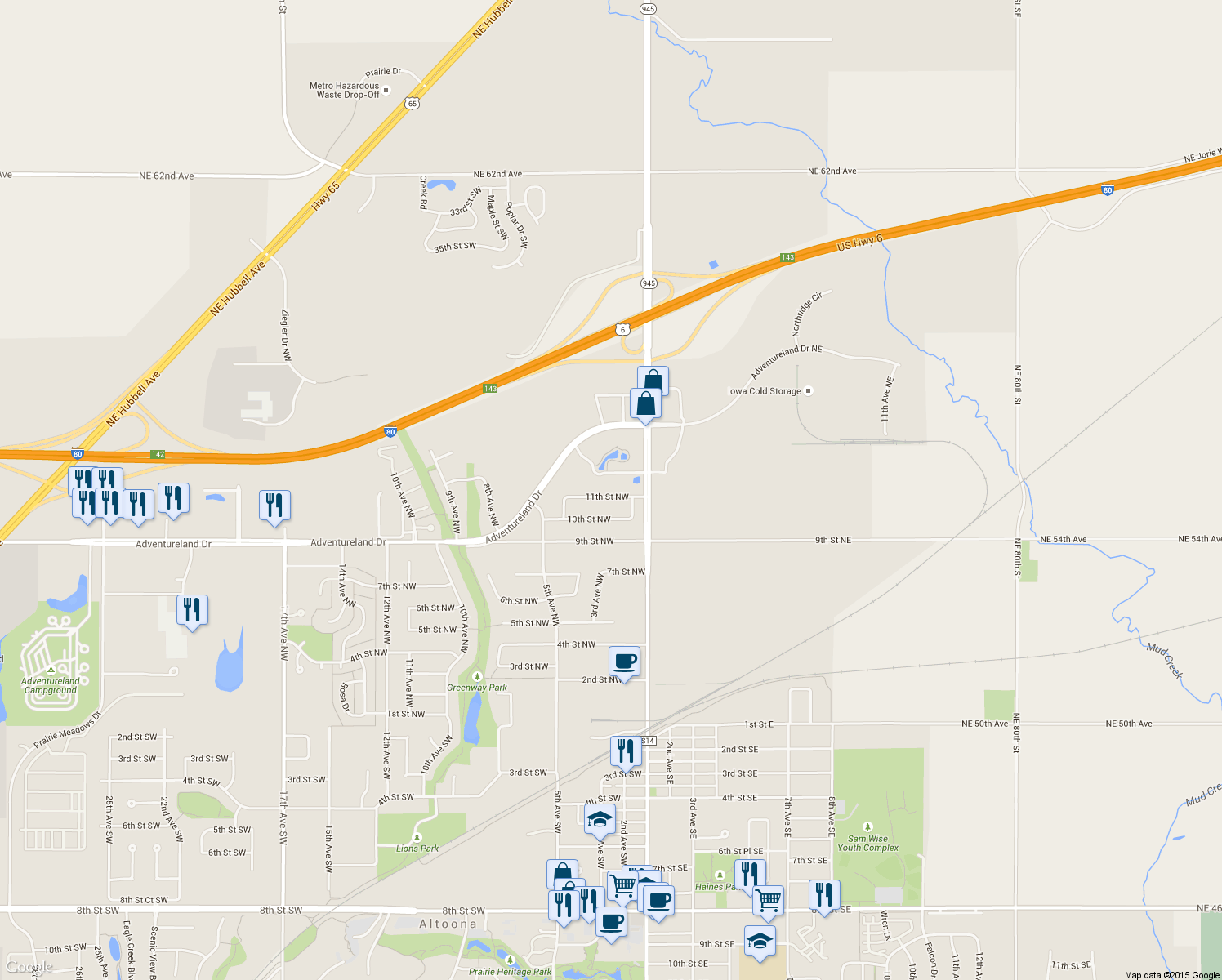 map of restaurants, bars, coffee shops, grocery stores, and more near 213 11th St NW in Altoona
