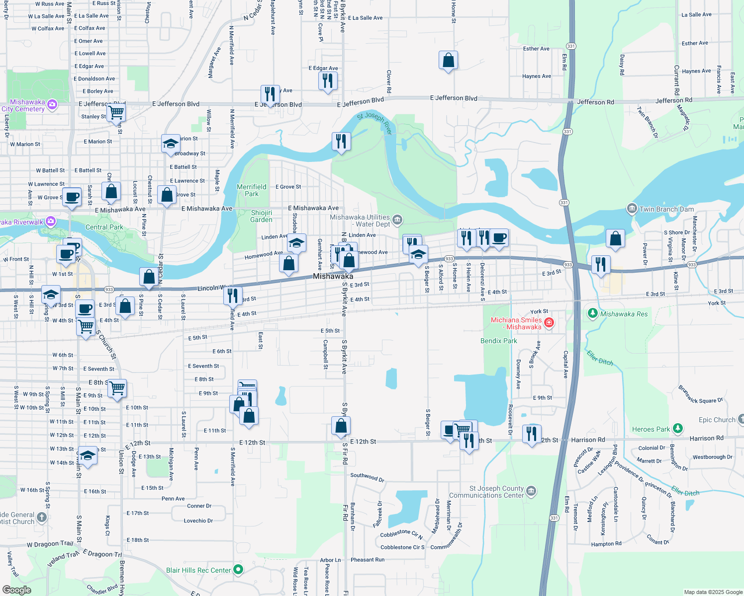 map of restaurants, bars, coffee shops, grocery stores, and more near 299 S Victoria St in Mishawaka