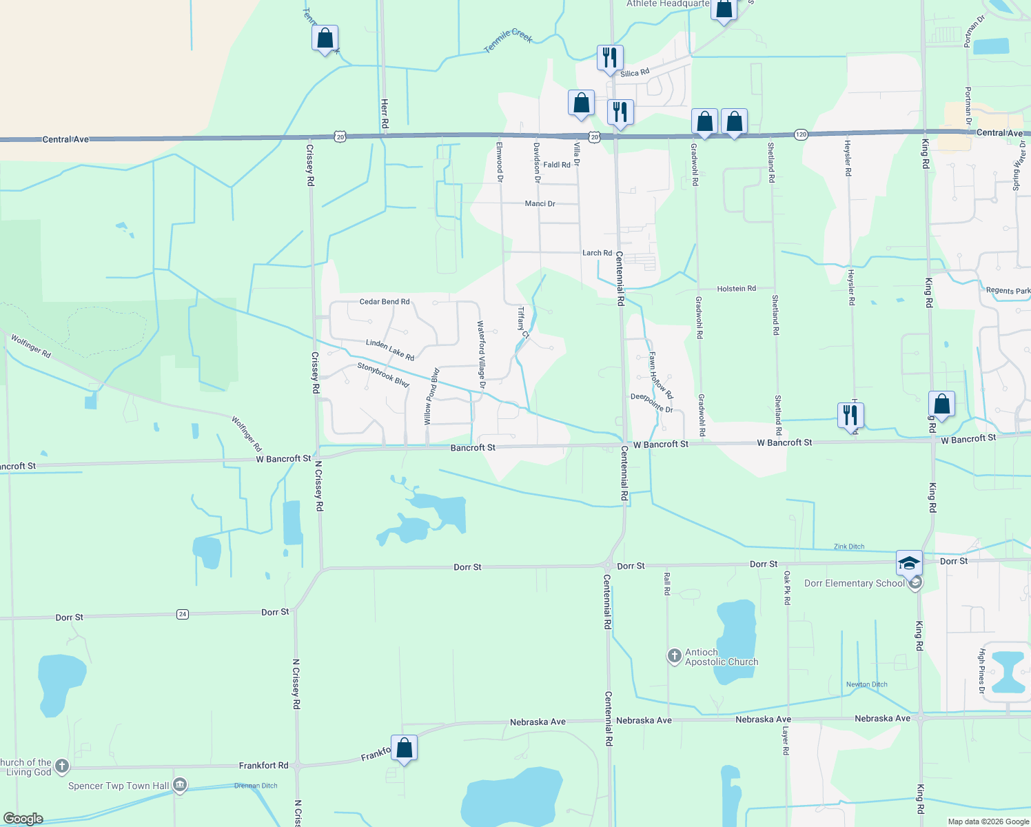 map of restaurants, bars, coffee shops, grocery stores, and more near 8538 Black Forest Cir in Sylvania