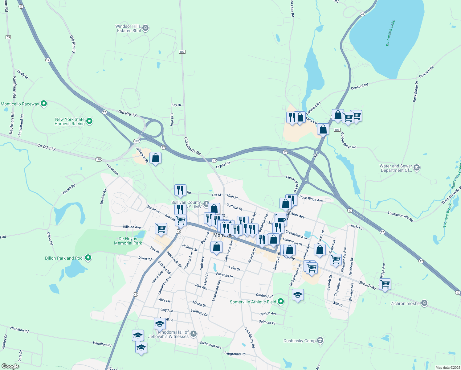 map of restaurants, bars, coffee shops, grocery stores, and more near 70 Liberty Street in Monticello