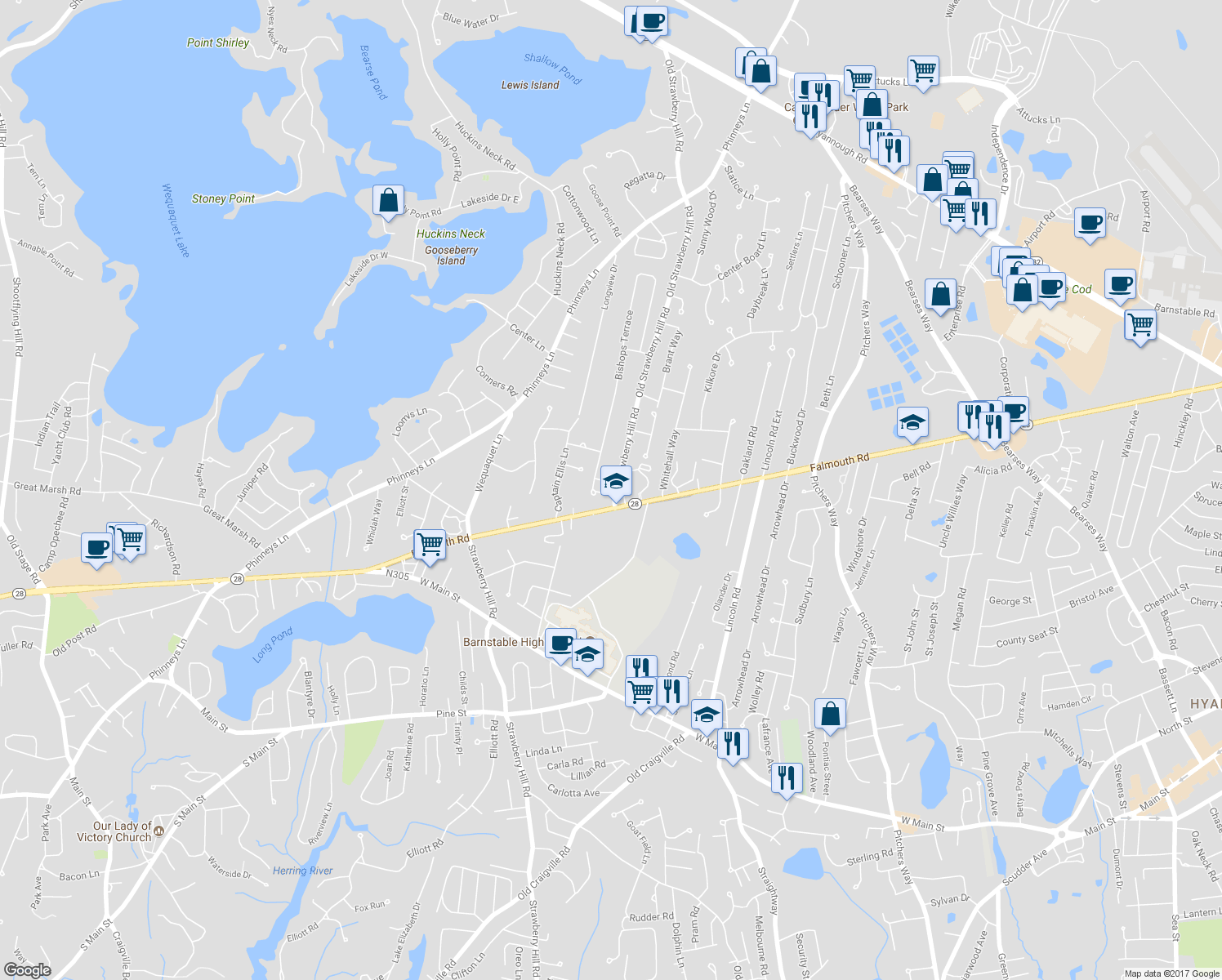 map of restaurants, bars, coffee shops, grocery stores, and more near 21 Brian Lane in Barnstable
