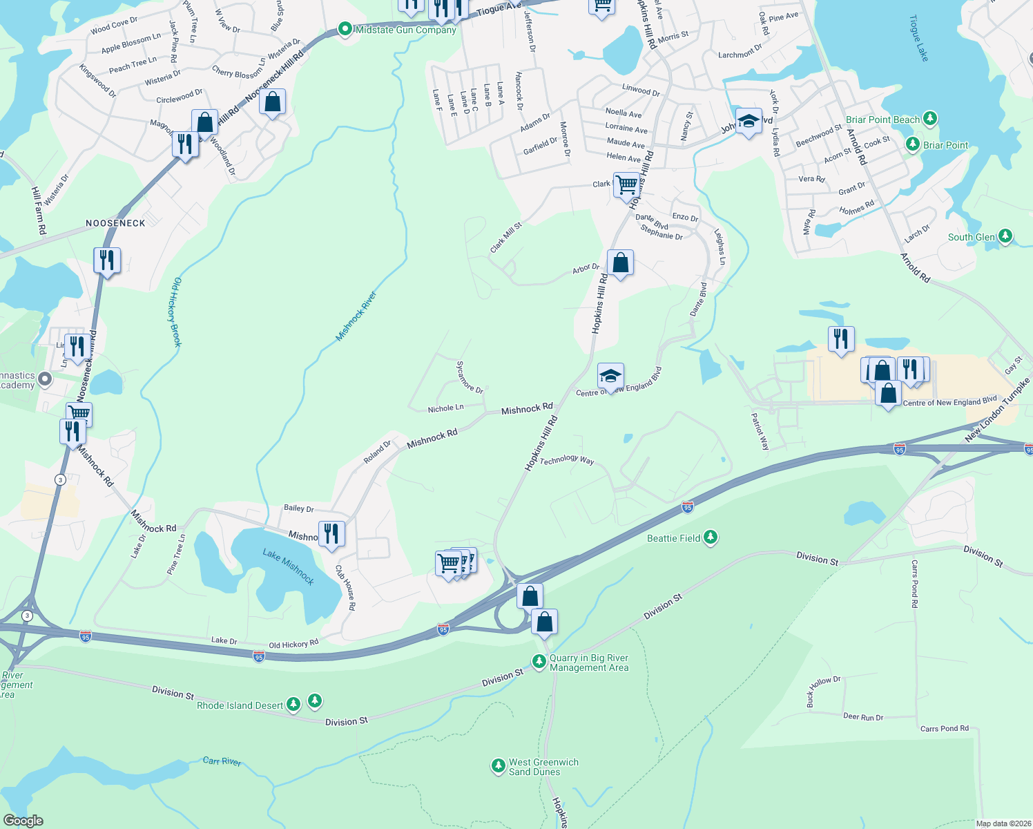 map of restaurants, bars, coffee shops, grocery stores, and more near 28 Mishnock Road in West Greenwich