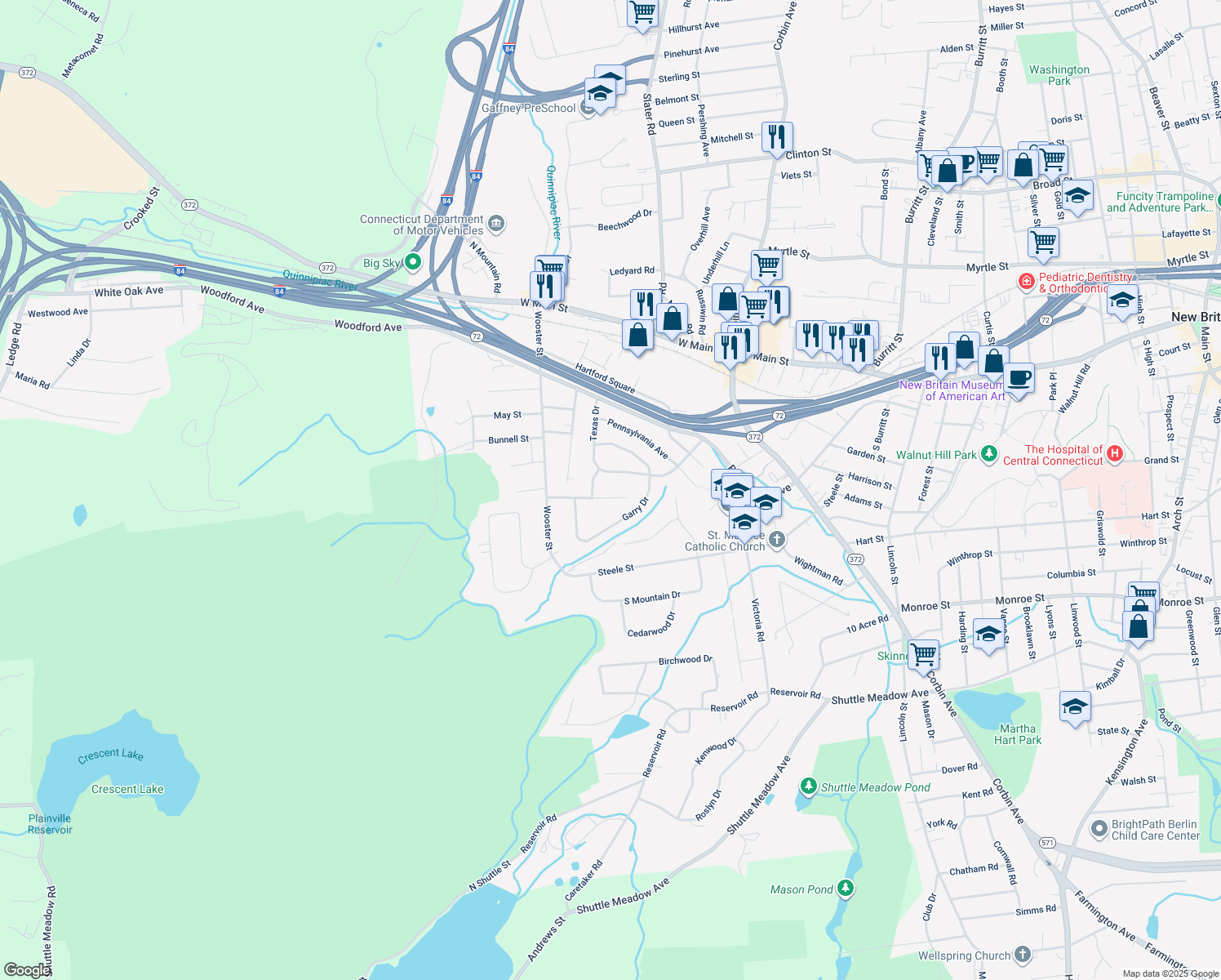 map of restaurants, bars, coffee shops, grocery stores, and more near 90 Dogwood Dr in New Britain