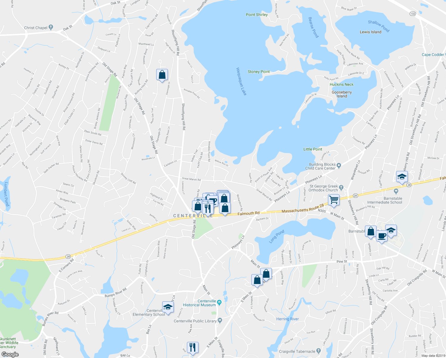 map of restaurants, bars, coffee shops, grocery stores, and more near 222 Great Marsh Road in Barnstable