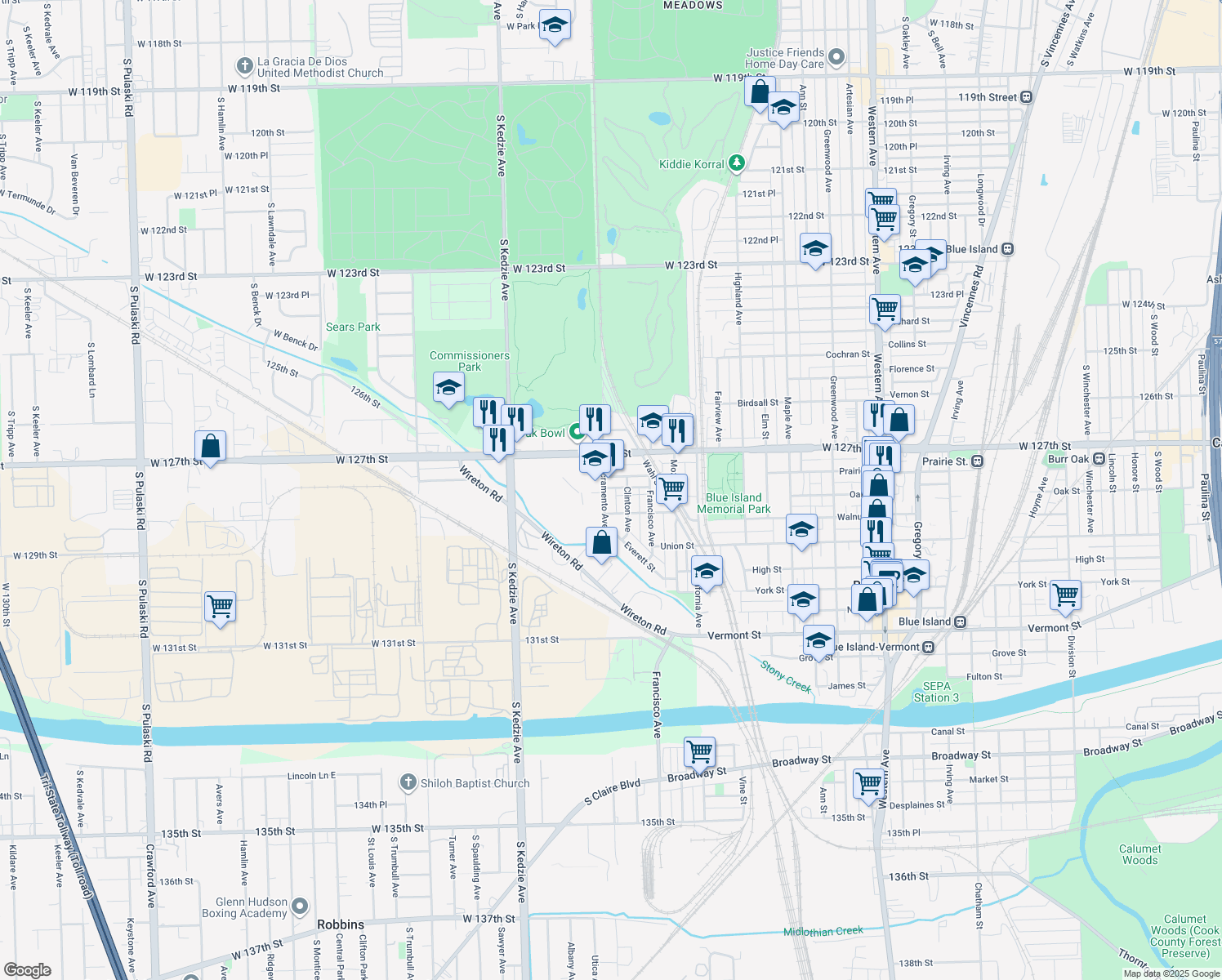 map of restaurants, bars, coffee shops, grocery stores, and more near 12749 Sacramento Avenue in Blue Island
