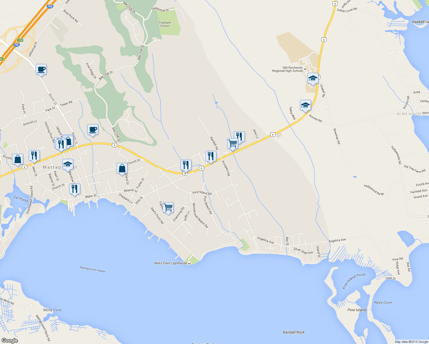 map of restaurants, bars, coffee shops, grocery stores, and more near 6 Prospect Road in Mattapoisett