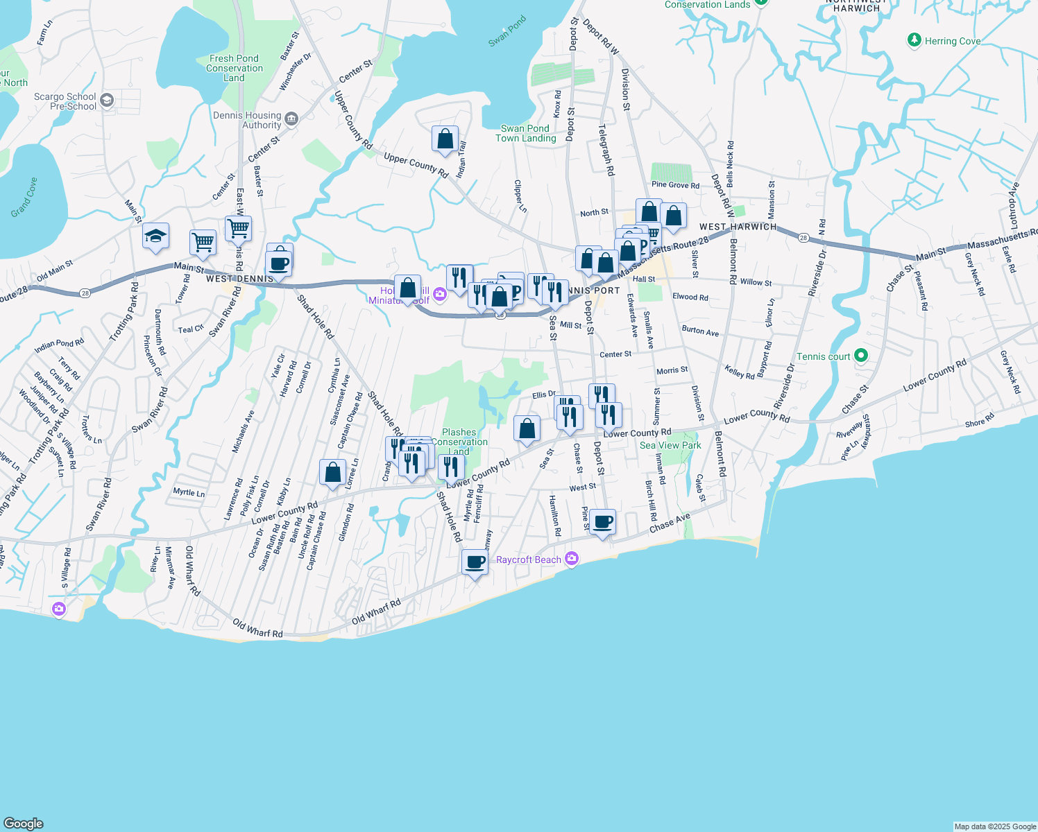 map of restaurants, bars, coffee shops, grocery stores, and more near 47 Ellis Drive in Dennis