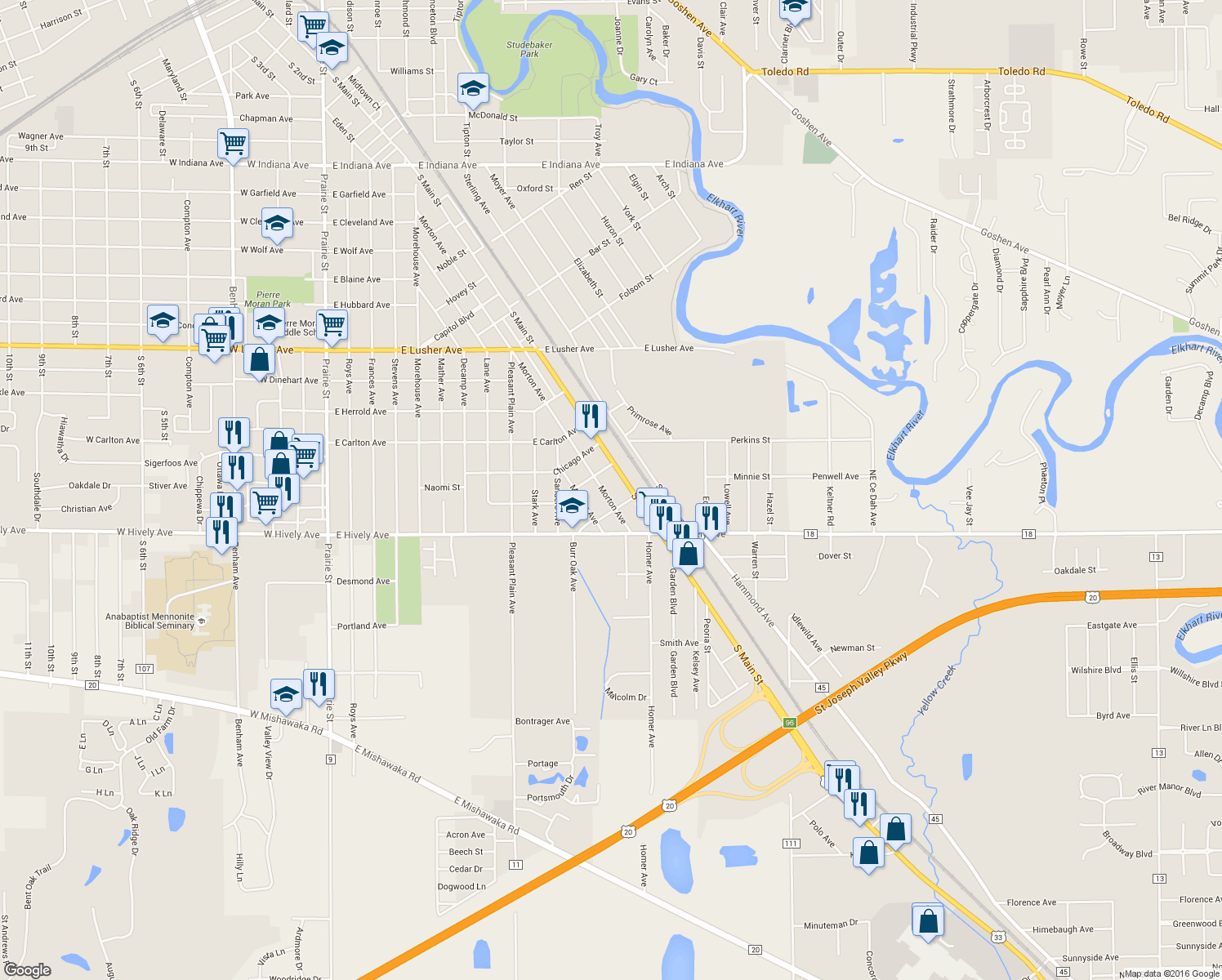 map of restaurants, bars, coffee shops, grocery stores, and more near 2622 Morton Ave in Elkhart