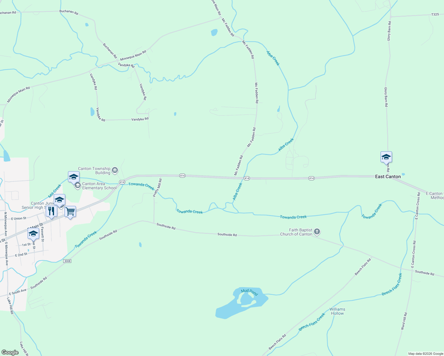 map of restaurants, bars, coffee shops, grocery stores, and more near 3995 Pennsylvania 414 in Canton