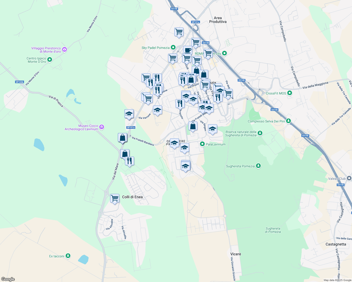 map of restaurants, bars, coffee shops, grocery stores, and more near 42 Via Ugo La Malfa in Pomezia