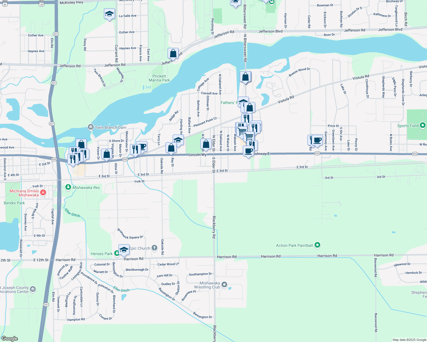 map of restaurants, bars, coffee shops, grocery stores, and more near 4099 E 3rd St in Mishawaka