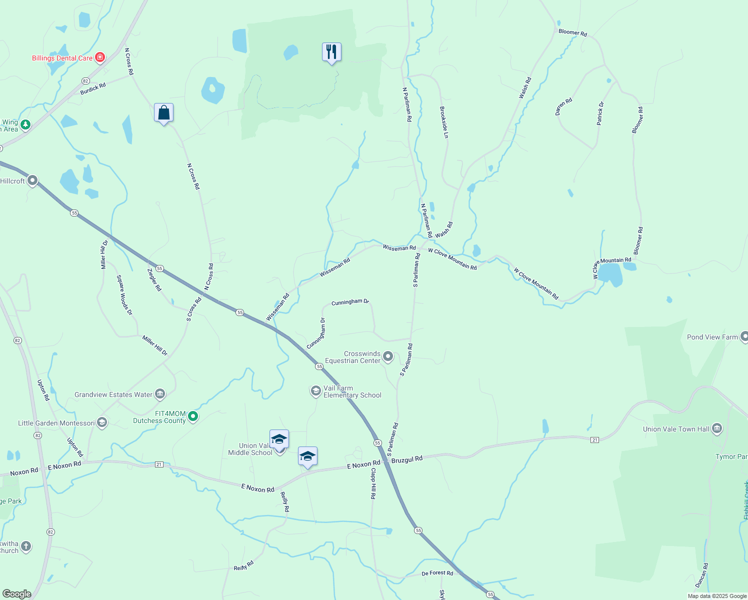 map of restaurants, bars, coffee shops, grocery stores, and more near 36 Cunningham Drive in Lagrangeville
