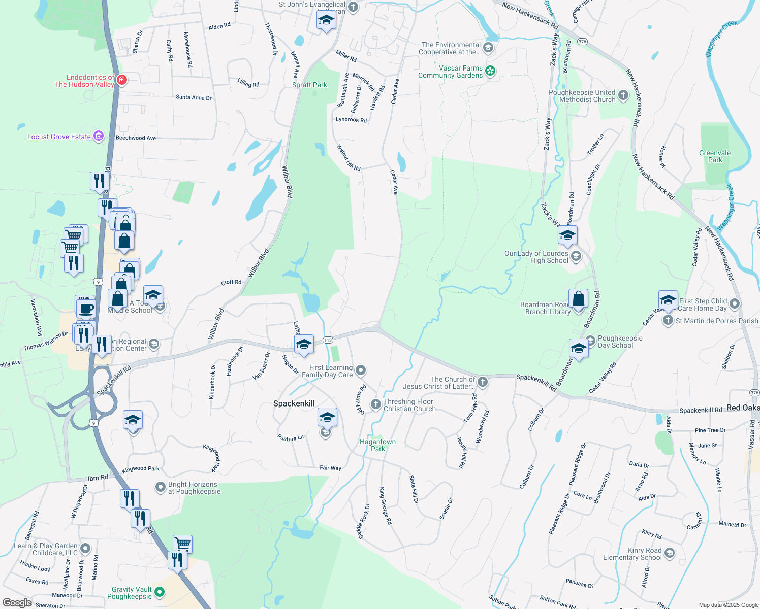 map of restaurants, bars, coffee shops, grocery stores, and more near 197 Cedar Ave in Poughkeepsie