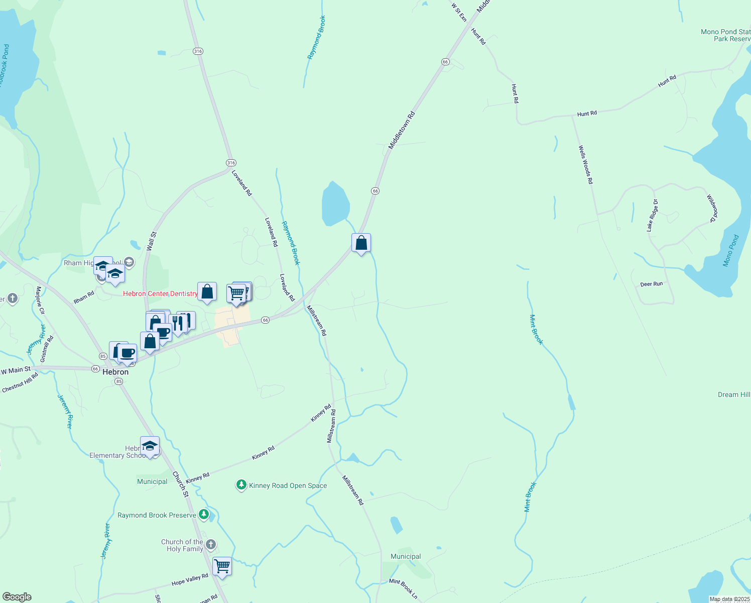 map of restaurants, bars, coffee shops, grocery stores, and more near 96 Wellswood Road in Tolland County
